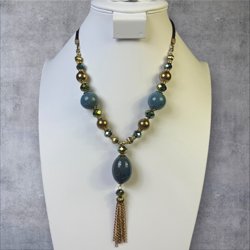 272. Multicolor Beaded Necklace with Fringe‎ & Silk Rope Chain ceramic/glass